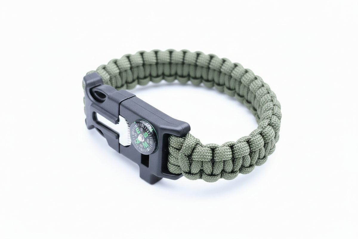 Survival Armband 5in1 mit Kompass, Feuerstarter & Messer – Paracord Outdoor Armband Grün
