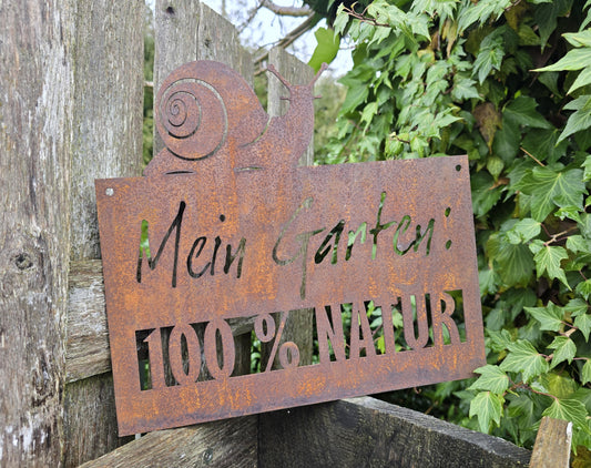 Gartenschild Rost Metall Schnecke "Mein Garten 100% Natur" 30x27cm