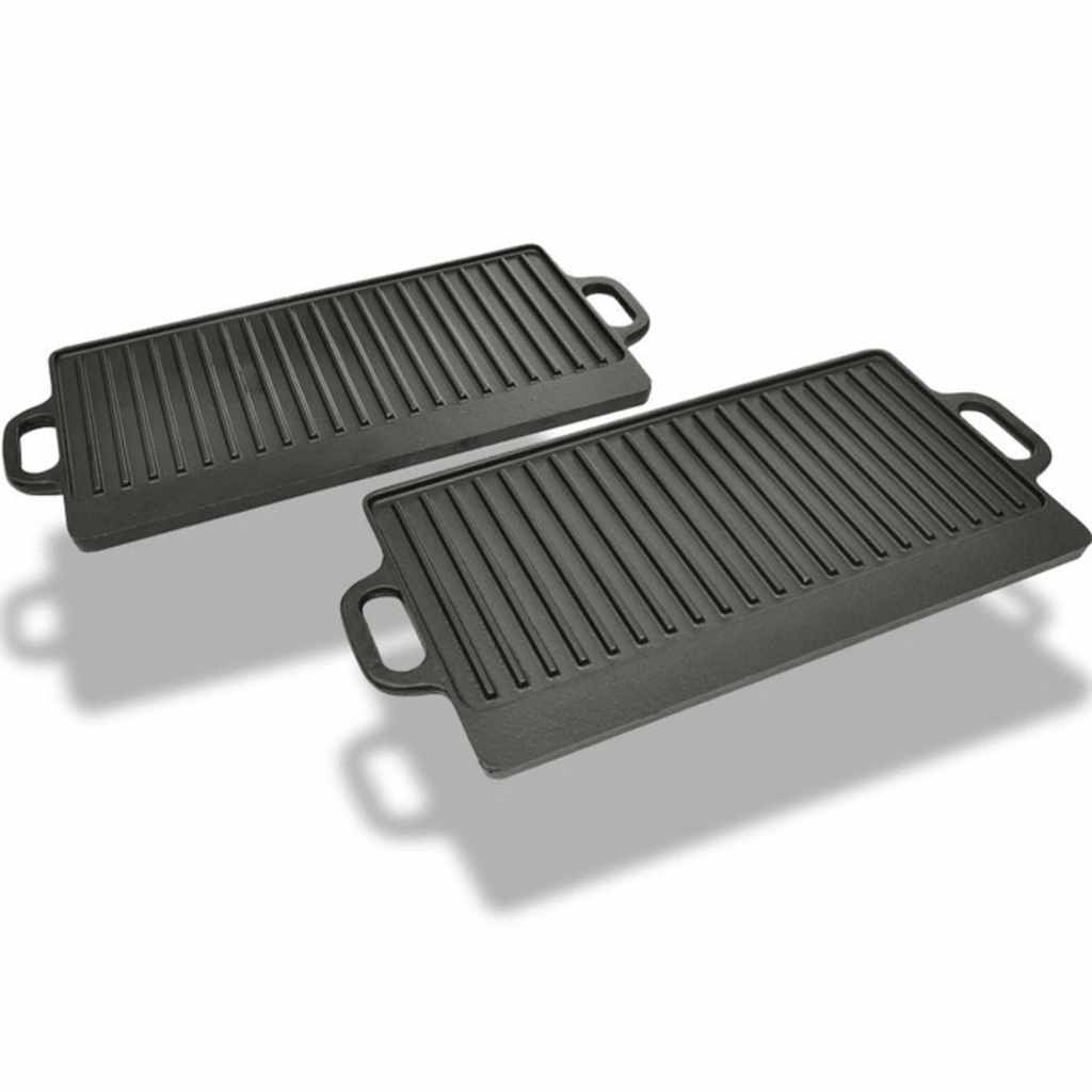 Grillplatte 2x Wendeplatte Gusseisen 46 x 23 cm Antihaftbeschichtet Langlebig
