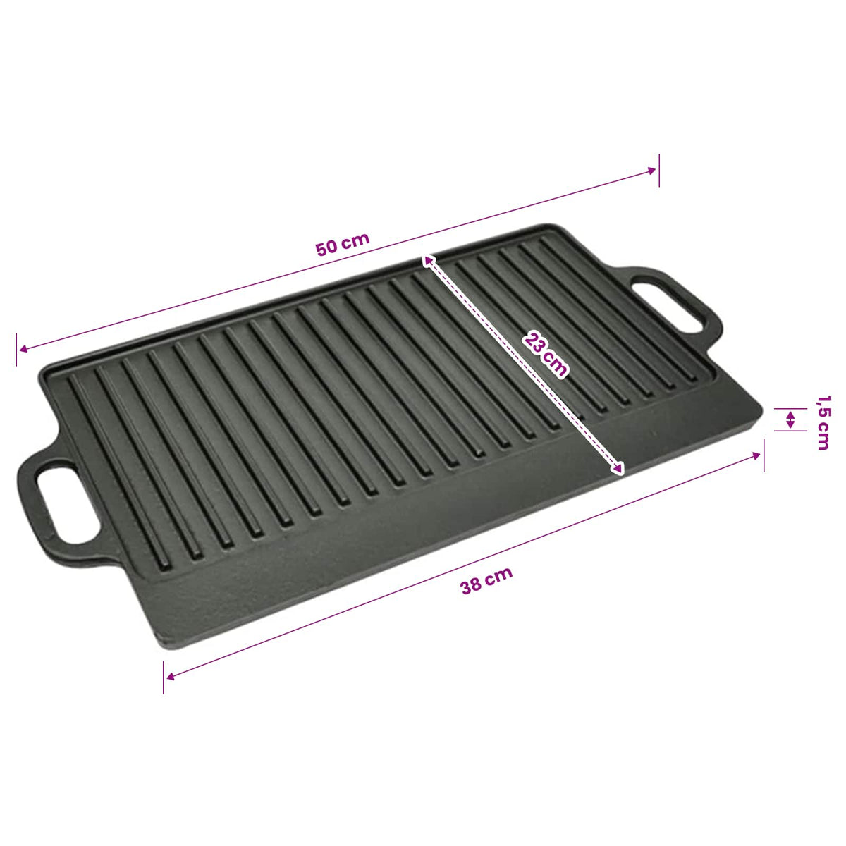 Grill plate 2x reversible cast iron plate 46 x 23 cm non-stick coated durable