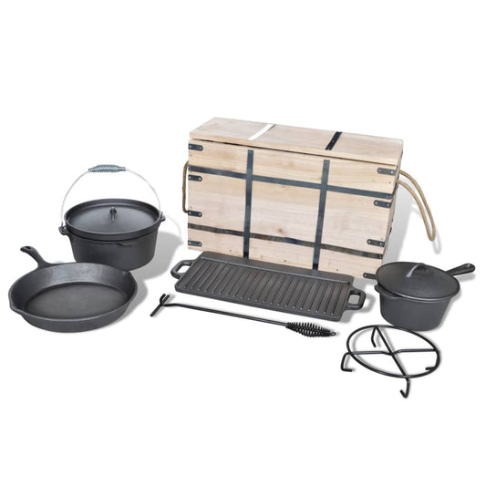 Gusseisen Dutch Oven Set komplett Camping Grill Feuertopf Set mit Holzbox 9tlg