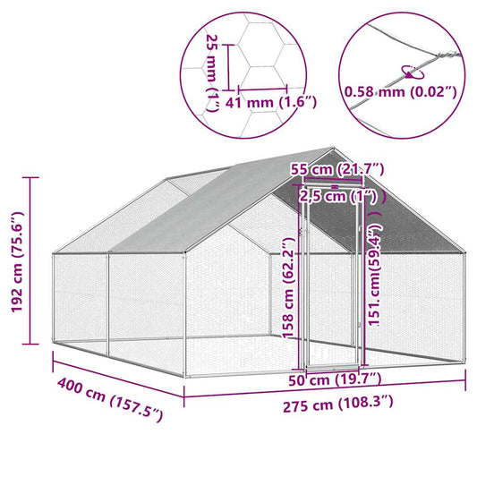 Chicken cage, chicken coop, steel, 2.75 x 4 x 1.92 m, run, outdoor enclosure, animal cage, poultry house