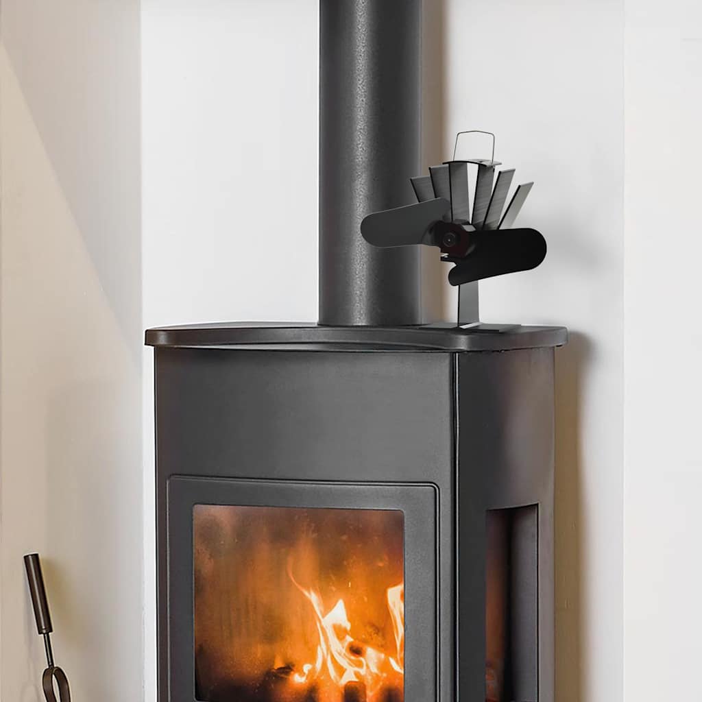 Fireplace fan, stove fan, 2 blades, black, heat-powered, no electricity required