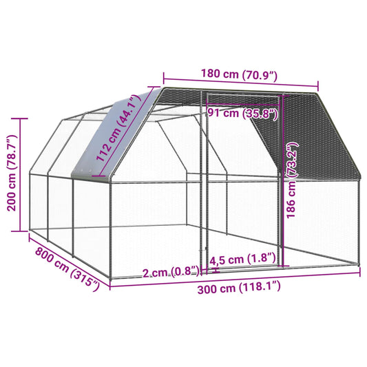 Chicken cage, chicken coop, steel, 3 x 8 x 2 m, run, outdoor enclosure, animal cage, poultry house