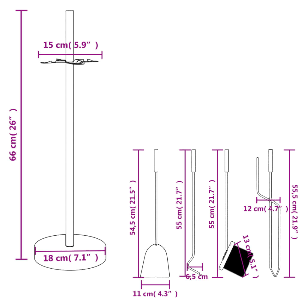 5-piece fireplace tool set, 18x66 cm, steel, black, fireplace tools, fireplace set