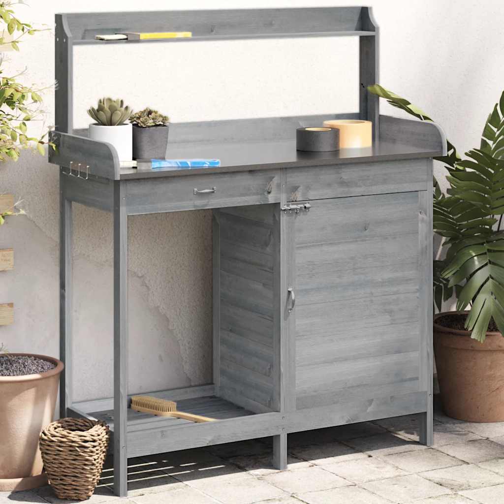 vidaXL Planting Table with Cabinet Grey 110.5x45x124.5 cm Solid Fir Wood