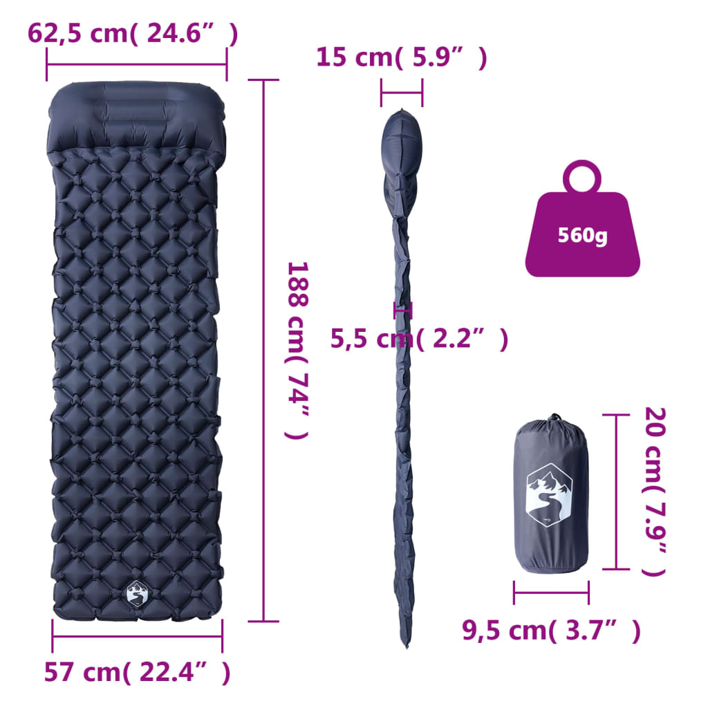 Aufblasbare Isomatte mit Kissen Grau 188x62x5,5 cm ultraleichte Luftmatratze 560g