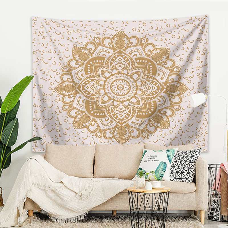 Indian Mandala Wall Hanging, 200 x 150 cm, White and Gold Polyester, Wall Cloth, Tapestry