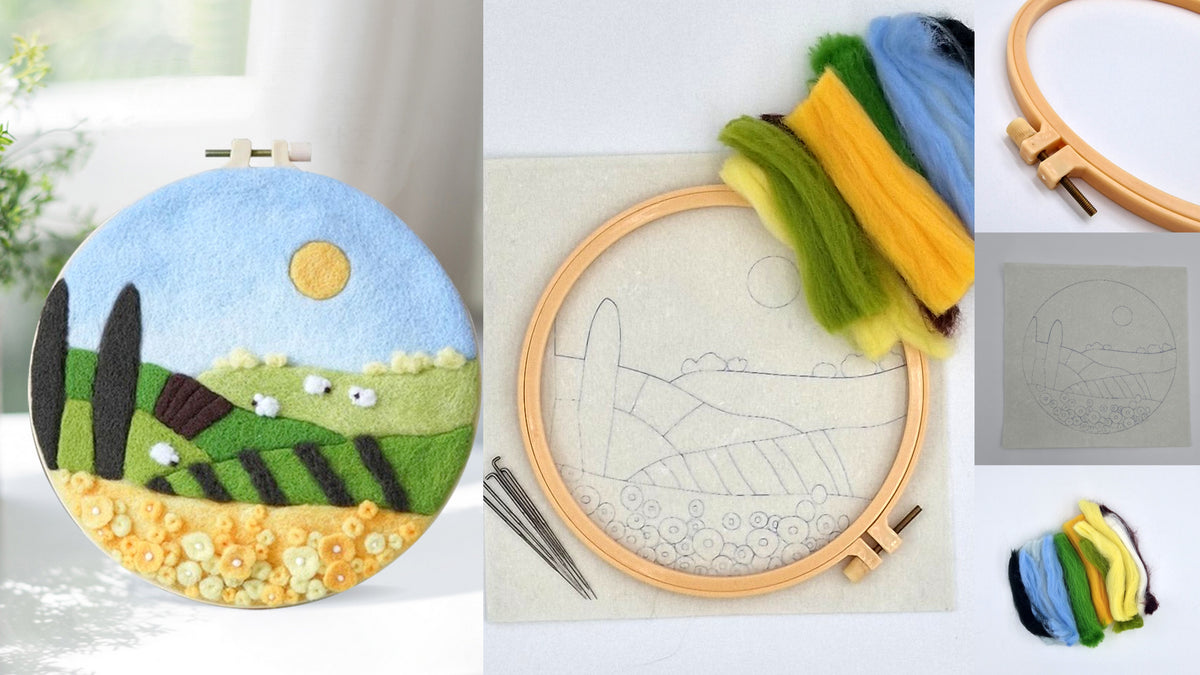 Needle felting DIY wool felt picture fields meadows autumn Ø 18 cm painting wall decoration leisure activity adults teenagers