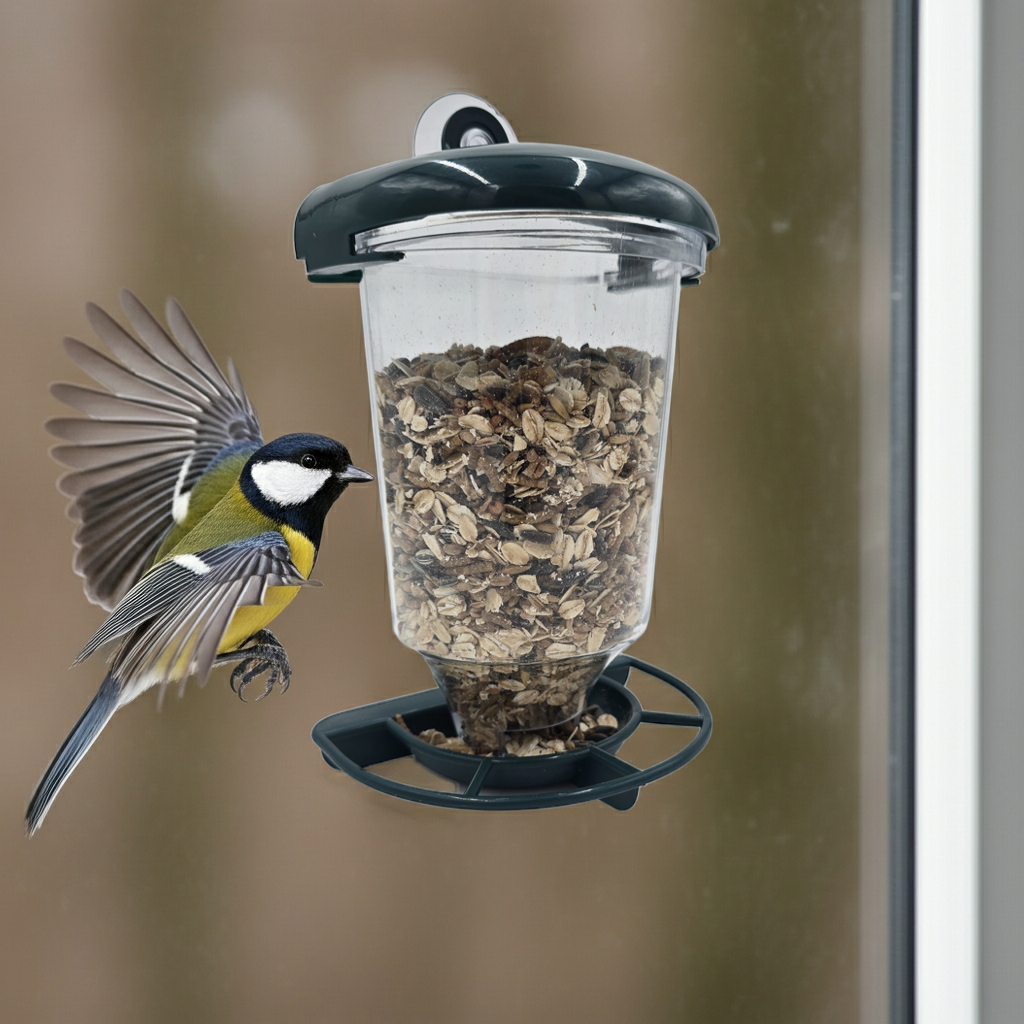 Vogelfutterstation mit Saugnapf für Fenster Dunkelgrün 14x10,5x22,5 cm Futterspender