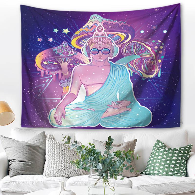 Wall hanging Psychedelic Funky Buddha Mushrooms 150x125 cm Polyester Wall Towel Tapestry Hippie Tapestry