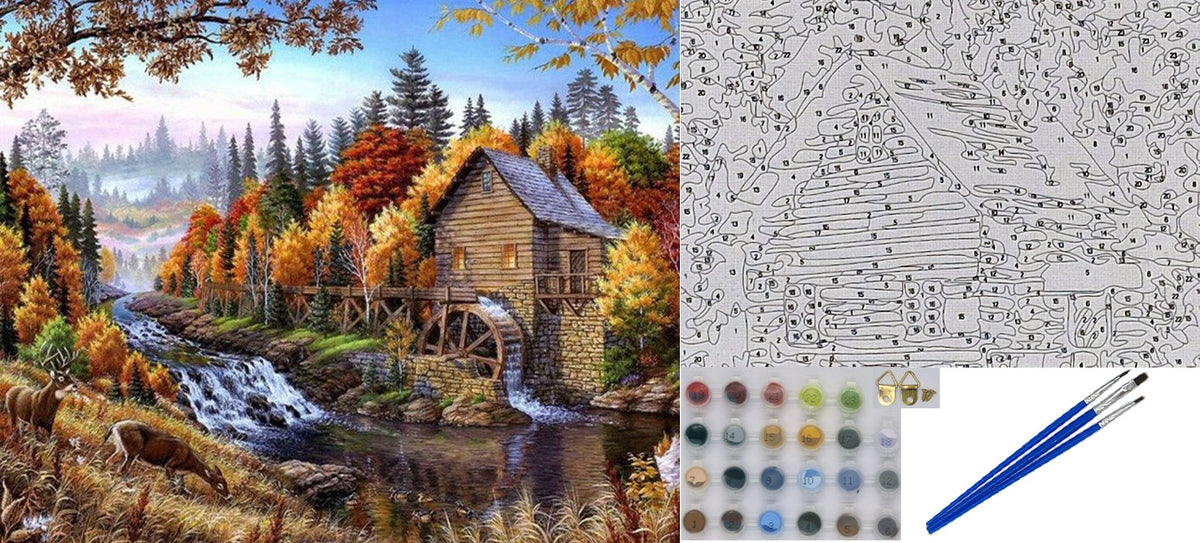 Malen nach Zahlen Erwachsene Mühle am Fluss 40x50 cm Paint by Numbers DIY Öl Acryl Leinwand Bild Dekoration Mill ohne Rahmen 1 Stück