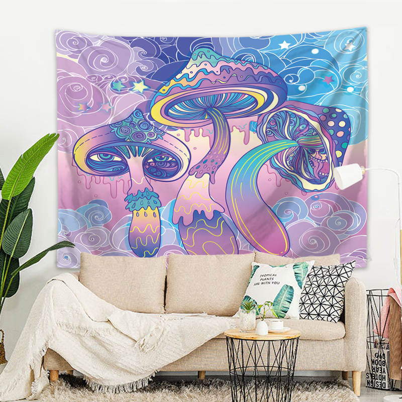 Wandbehang Psychedelic Pilze Violett 150x125 cm Polyester Wandtuch Wandteppich Hippie Tapisserie