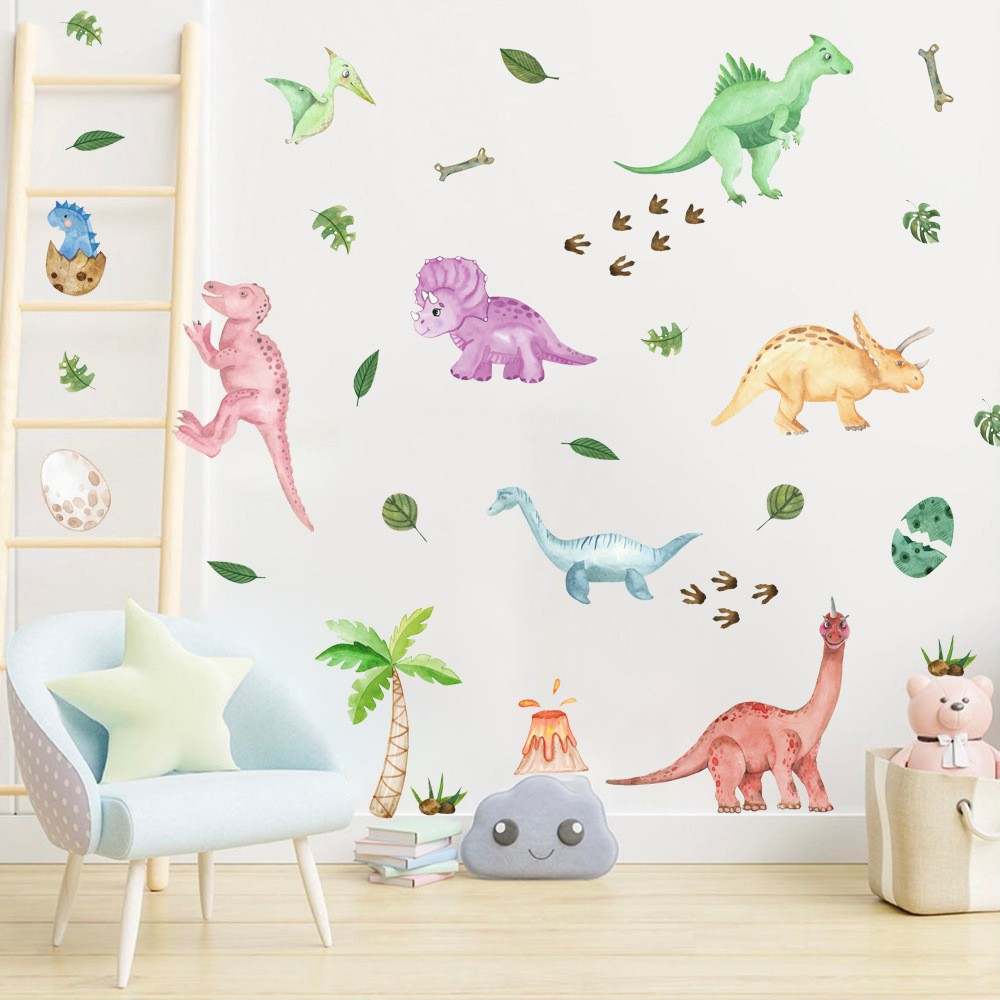 Dinosaur wall decals, 50 wall stickers, children's room stickers, window decorations, colorful