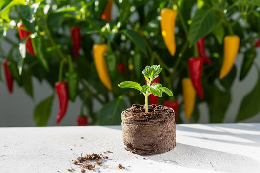 Kokostab als Anzuchterde mit einem kleinen Keimling im Vordergrund, im Hintergrund eine früchtetragende Chillipflanze