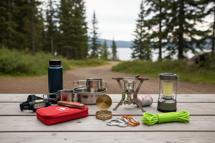 Ein Sortiment Campingzubehör auf einem Holztisch an einem Wanderweg, Messer, Seile, Lampen, Gaskocher, Töpfe