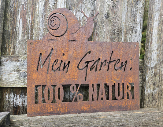 Gartenschild Rost Metall Schnecke "Mein Garten 100% Natur" 30x27cm