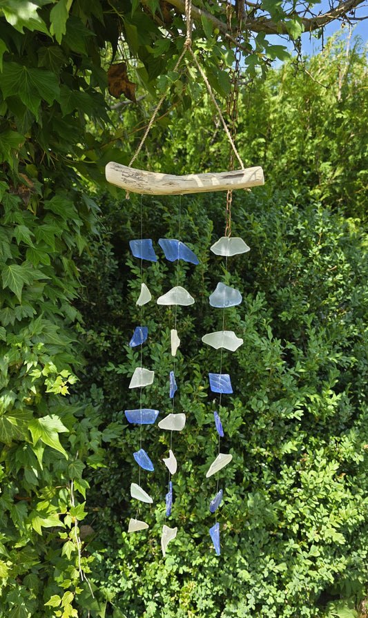 Windspiel Treibholz Glas 54x20x2,5cm Blau Weiß Klangspiel Mobile Lichtspiel