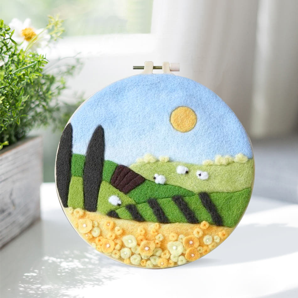 Needle felting DIY wool felt picture fields meadows autumn Ø 18 cm painting wall decoration leisure activity adults teenagers 