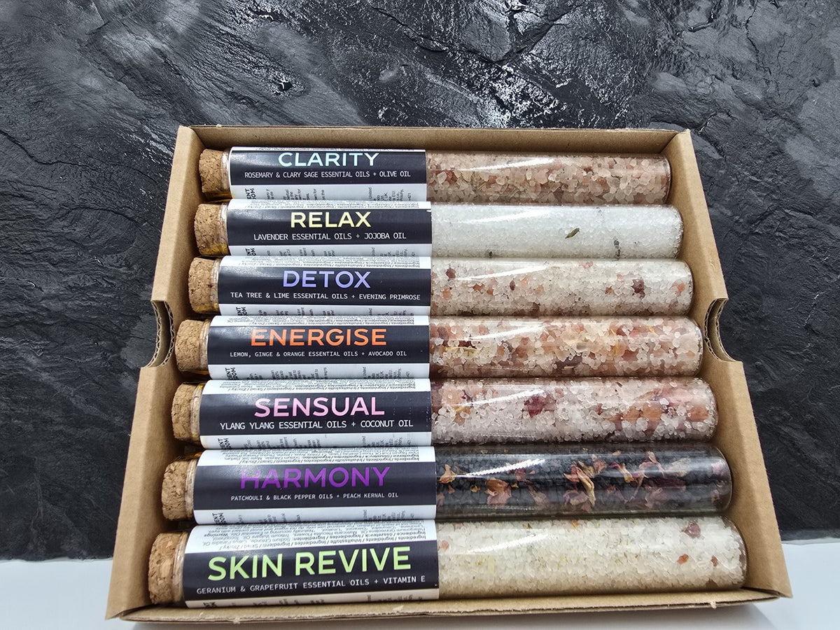 Bath Salt Gift Set, 7 decorative bottles, 7 Days of Selfcare, 40g bath additive