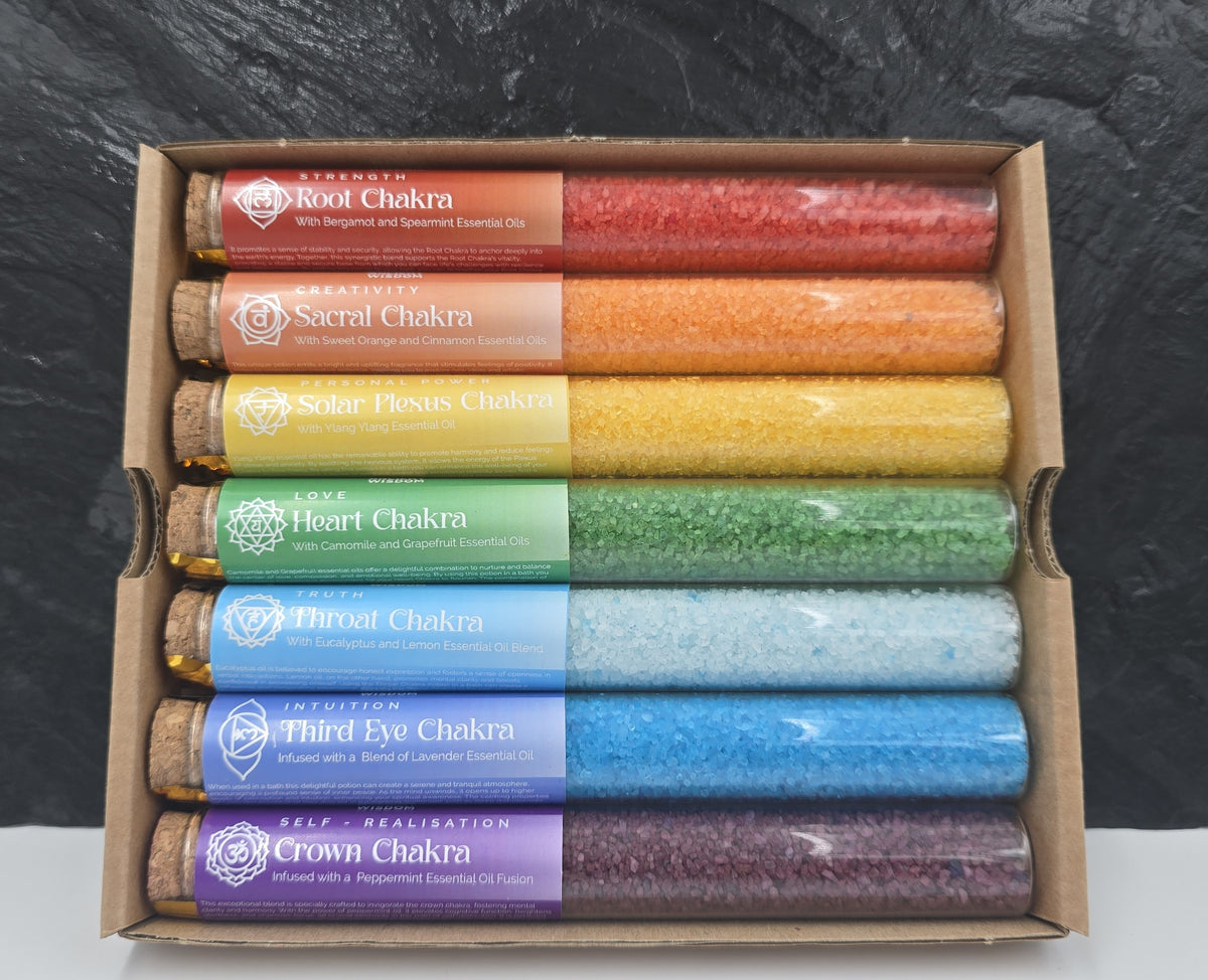 Badesalz Geschenk-Set 7 dekorative Fläschchen 7 Chakra 40 g Badezusatz