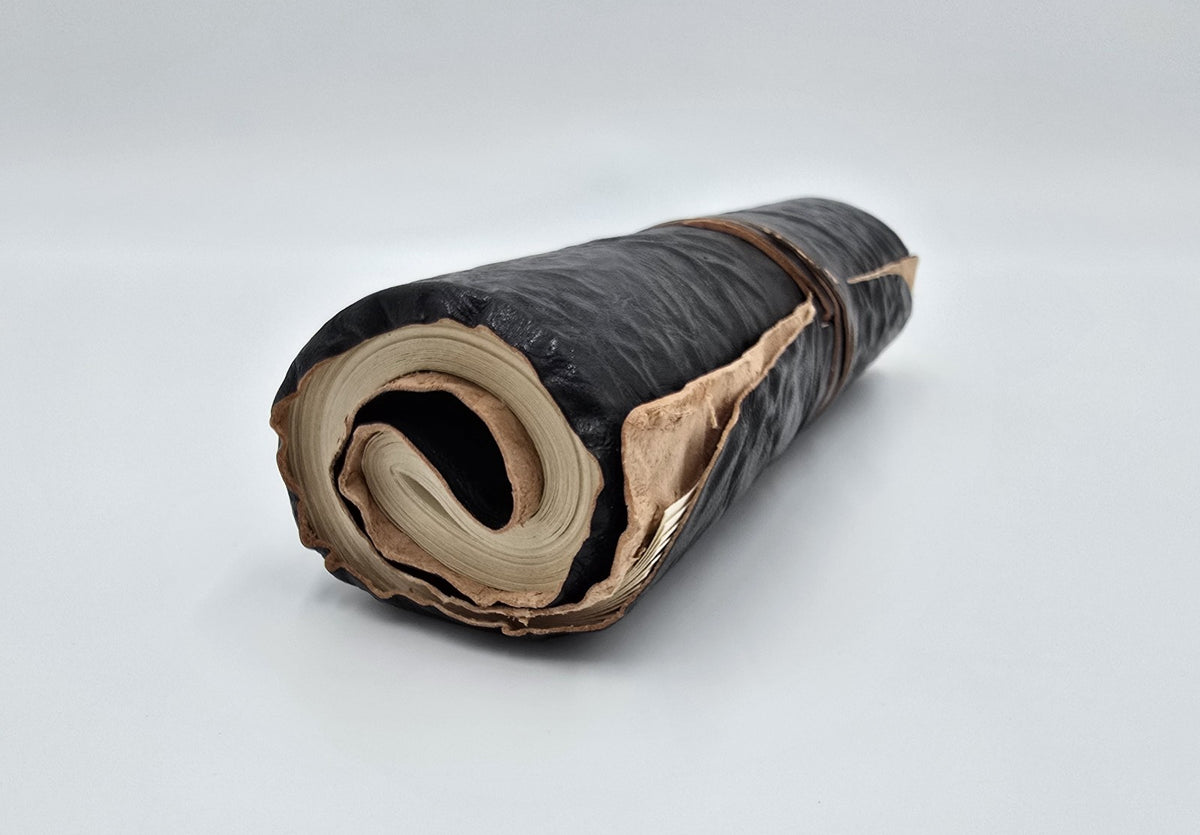 Leather diary, rolled, retro, black, 96 sheets, 21 x 15 cm, travel journal, notebook, sketchbook