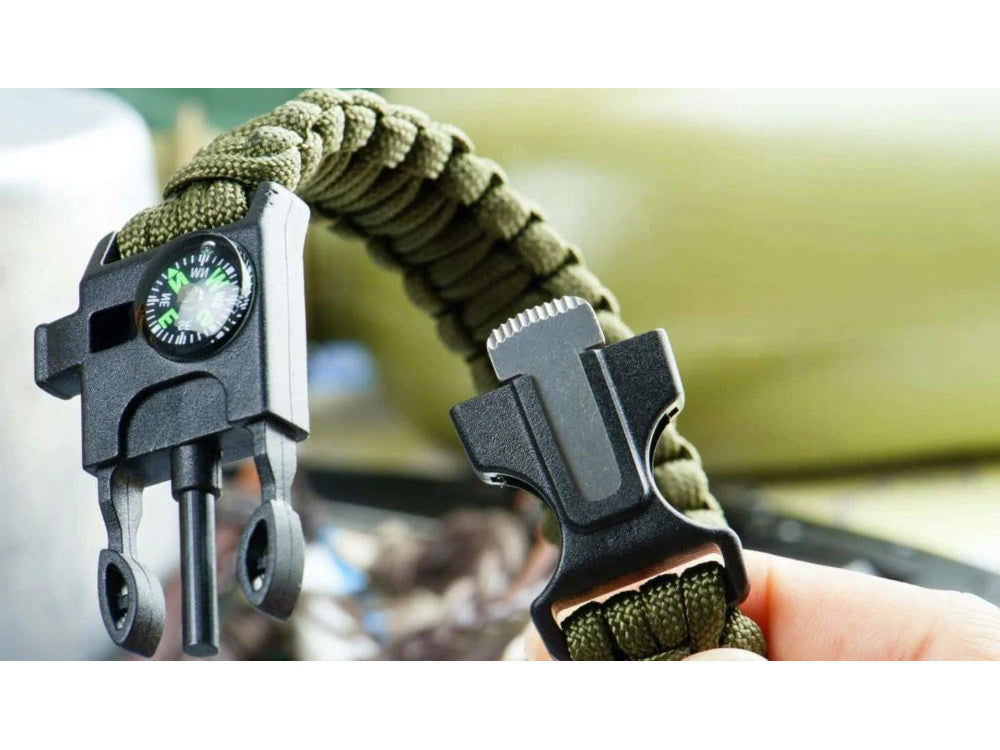 Survival Armband 5in1 mit Kompass, Feuerstarter & Messer – Paracord Outdoor Armband Grün