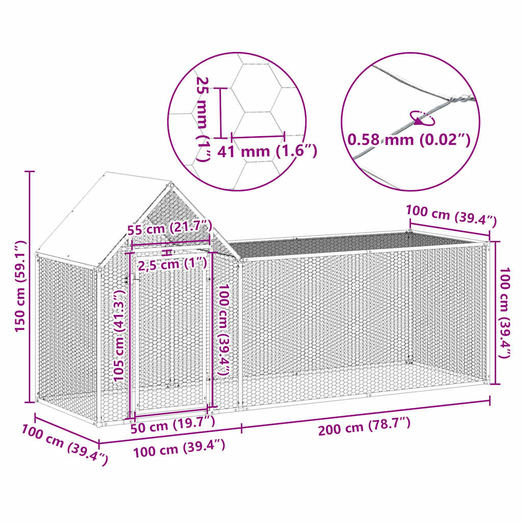 Chicken cage, chicken coop, steel, 3 x 1 x 1.5 m, run, outdoor enclosure, animal cage, poultry house