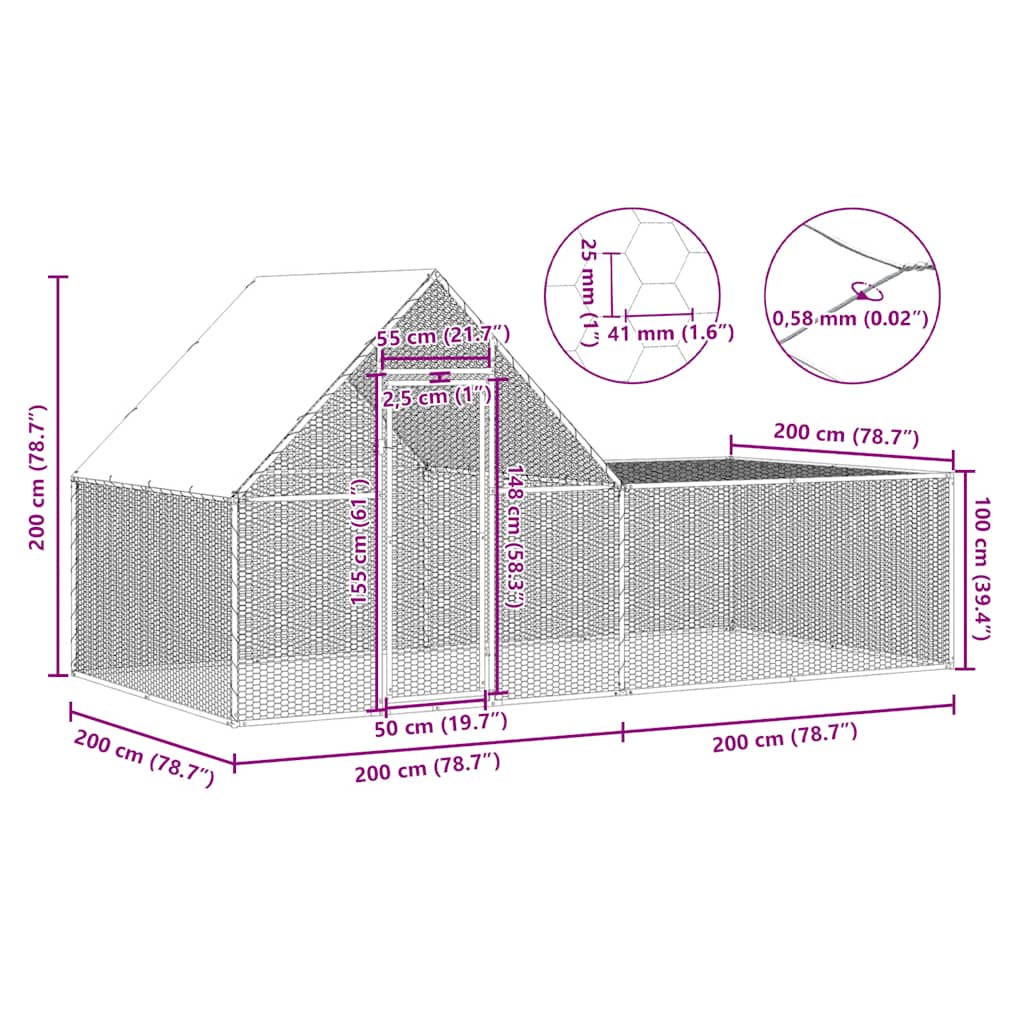 Chicken cage, chicken coop, steel, 4 x 2 x 2 m, run, outdoor enclosure, animal cage, poultry house