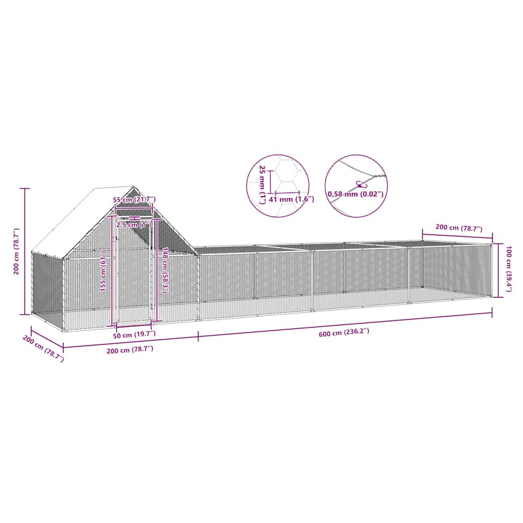 Chicken cage, chicken coop, steel, 8 x 2 x 2 m, run, outdoor enclosure, animal cage, poultry house