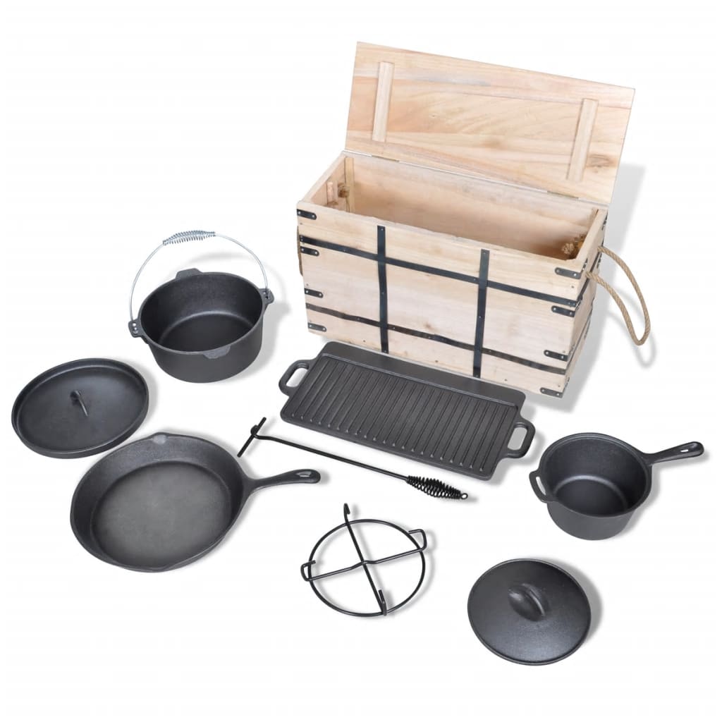Gusseisen Dutch Oven Set komplett Camping Grill Feuertopf Set mit Holzbox 9tlg