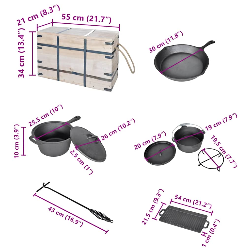 Gusseisen Dutch Oven Set komplett Camping Grill Feuertopf Set mit Holzbox 9tlg
