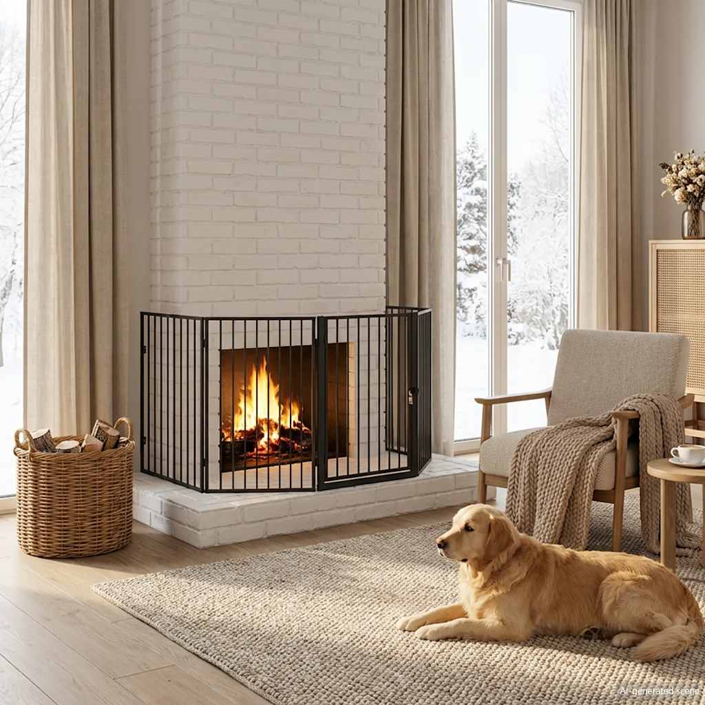 Fireplace safety gate for animals, steel, black, 123x123x76cm, pet spark guard