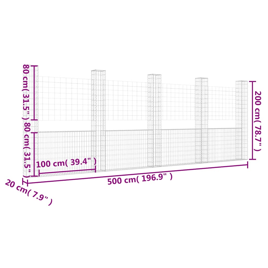 Gabionenkorb U-Form mit 5 Säulen 500x20x200 cm Gabionenwand verzinkt