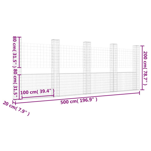 U-shaped gabion basket with 5 columns, 500x20x200 cm, galvanized gabion wall