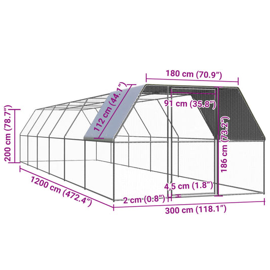 Chicken cage, chicken coop, steel, 3 x 12 x 2 m, run, outdoor enclosure, animal cage, poultry house