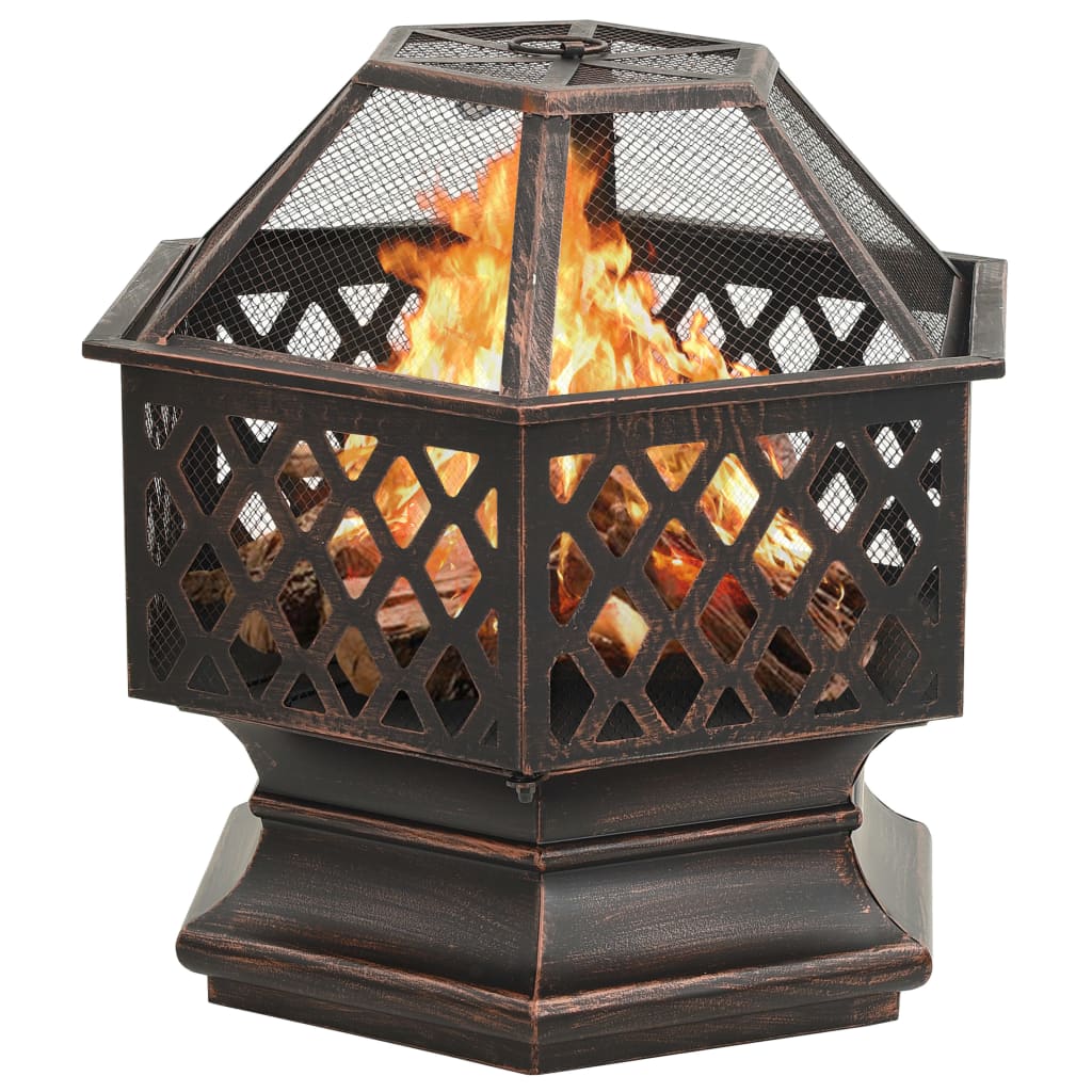 Fire basket with poker, rustic style, 62x54x56 cm XXL, steel, spark screen