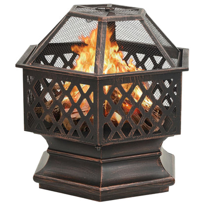 Fire basket with poker, rustic style, 62x54x56 cm XXL, steel, spark screen