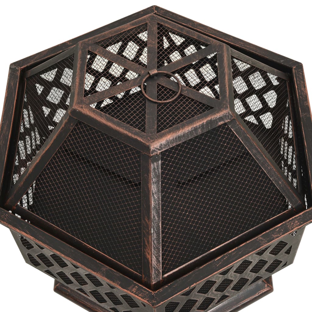 Fire basket with poker, rustic style, 62x54x56 cm XXL, steel, spark screen