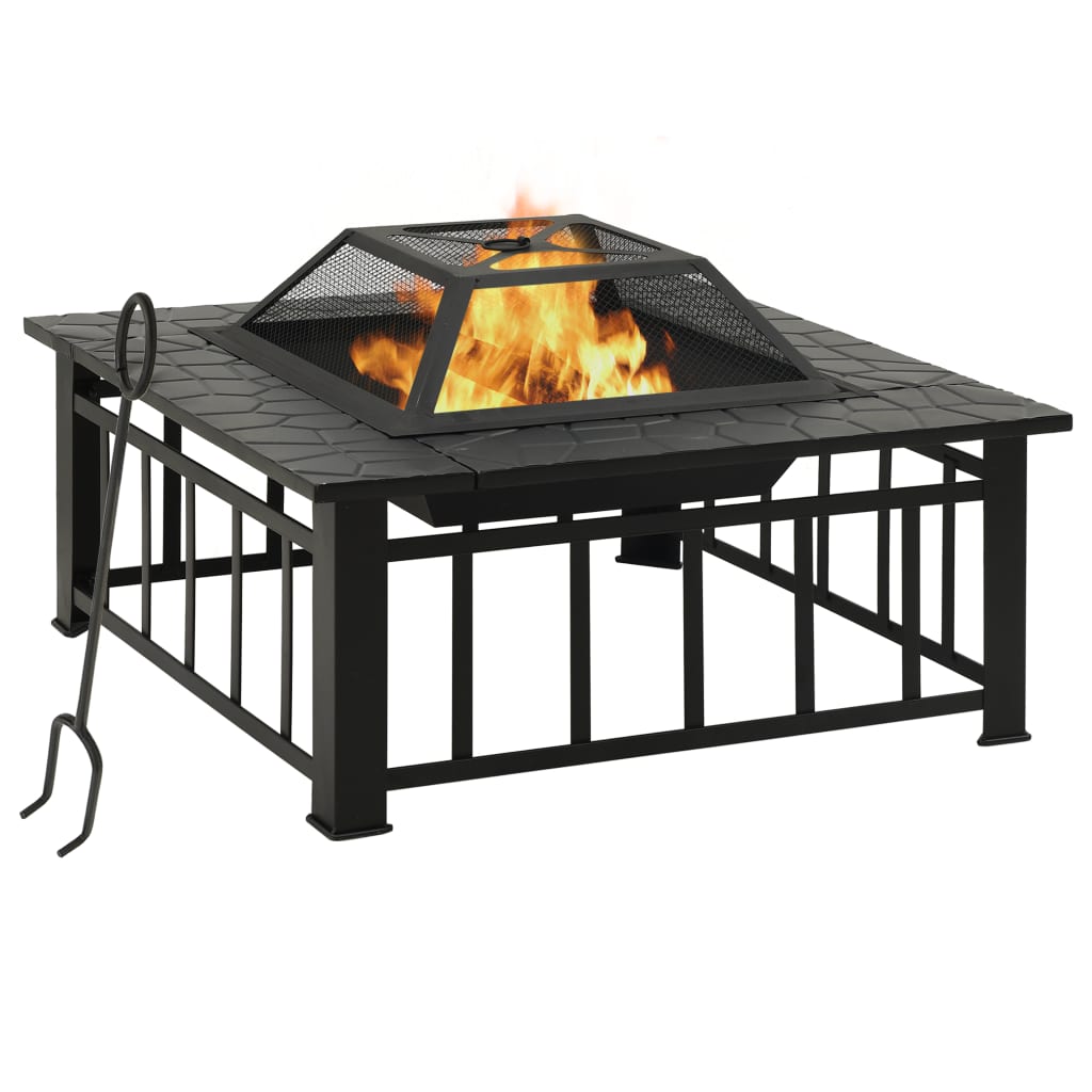 Fire basket with poker, rustic style, 79x79x46.5 cm, XXL steel spark screen