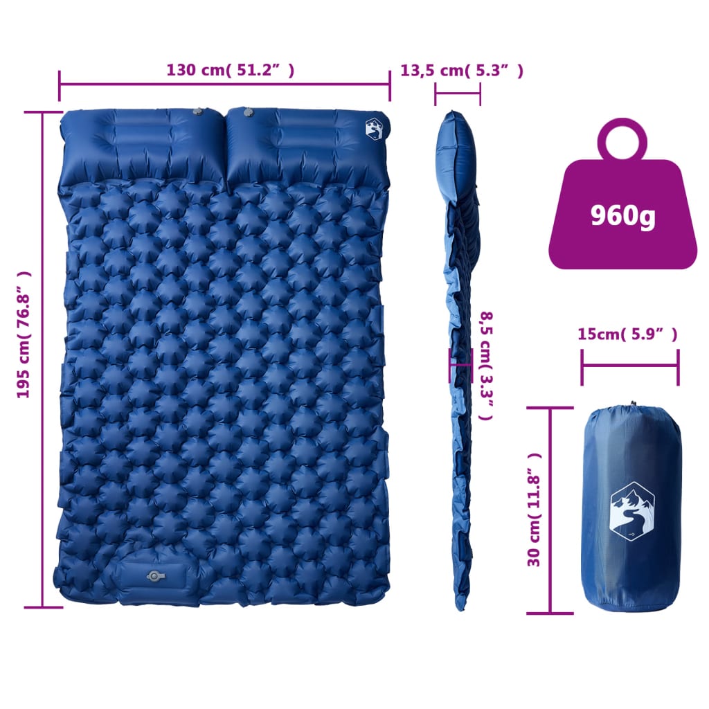 Doppel-Isomatte Blau Kissen Selbstaufblasend integrierte Fußpumpe Luftmatratze