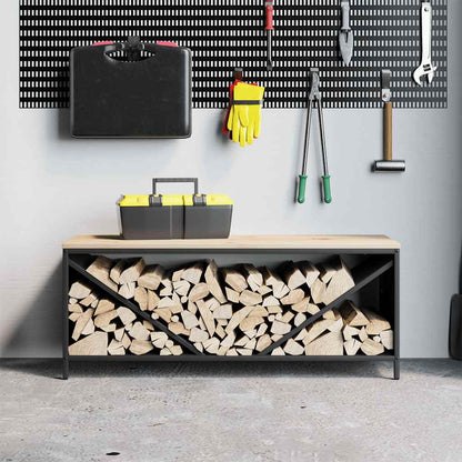 Kaminholzregal mit Sitzbank Brennholzregal 100 cm Stahl Kiefer Holzbank Schwarz
