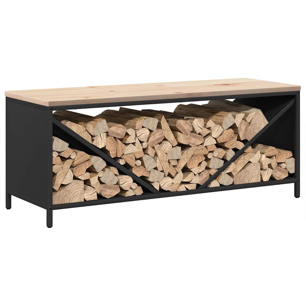 Kaminholzregal mit Sitzbank Brennholzregal 100 cm Stahl Kiefer Holzbank Schwarz