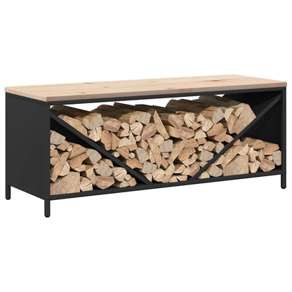 Kaminholzregal mit Sitzbank Brennholzregal 100 cm Stahl Kiefer Holzbank Schwarz