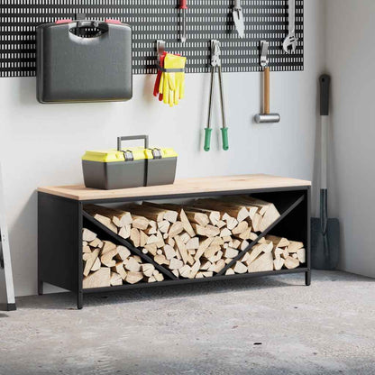 Kaminholzregal mit Sitzbank Brennholzregal 100 cm Stahl Kiefer Holzbank Schwarz