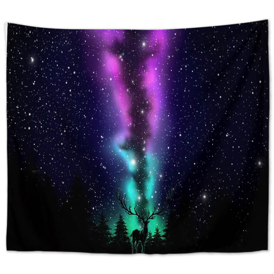 UV Wandbehang Polarlicht 200x150 cm Hirsch UV Fluoreszenz Wandtuch Wandteppich Tapisserie 