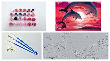 Paint by Numbers for Adults: Dolphins, 40x50 cm, DIY Oil/Acrylic Canvas Picture, Decoration, Pink Sunset, Sea, 1 Piece