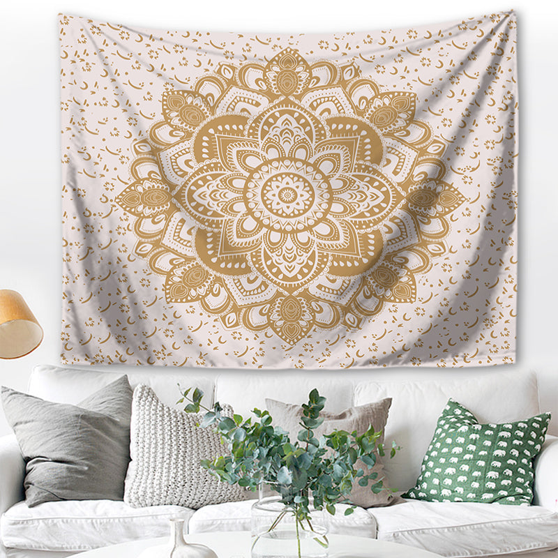 Indian Mandala Wall Hanging, 200 x 150 cm, White and Gold Polyester, Wall Cloth, Tapestry