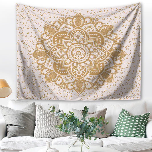 Indian Mandala Wall Hanging, 200 x 150 cm, White and Gold Polyester, Wall Cloth, Tapestry