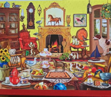 1000-piece puzzle, fireplace, living room, 69x51 cm, hidden picture puzzle, brain training